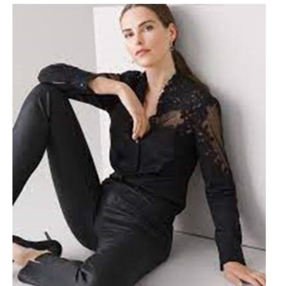 White House Black Market Sheer Lace-Accent Black Blouse - Picture 2 of 10